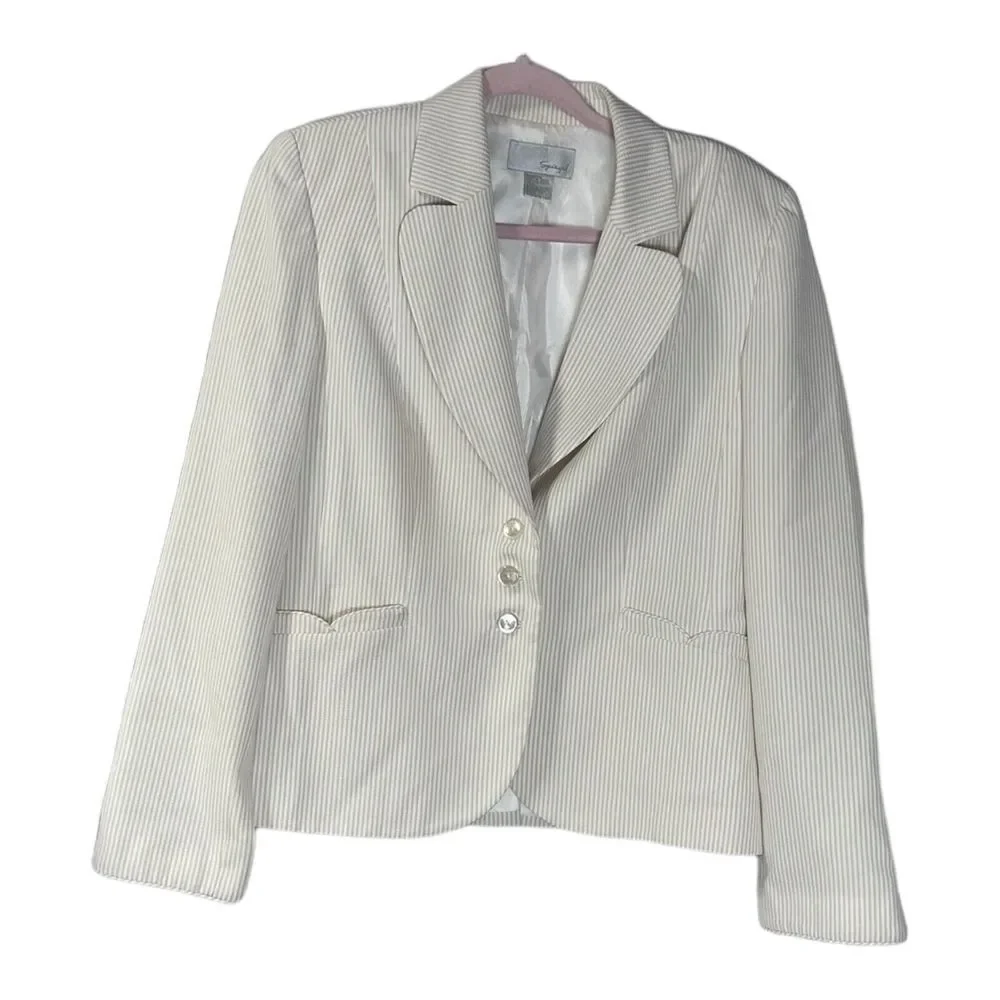 Spiegel Blazer Jacket Womens Size 12 Beige/White‎ Pinstripe Unique Details